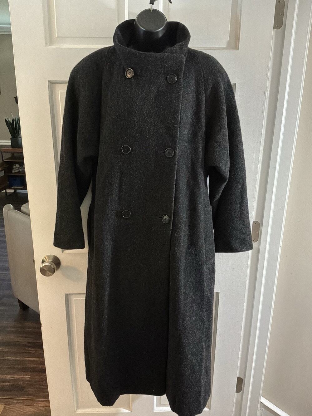 Ladies Vintage J.G. Hook Charcoal Gray Couble Breasted Long Coat Made in USA